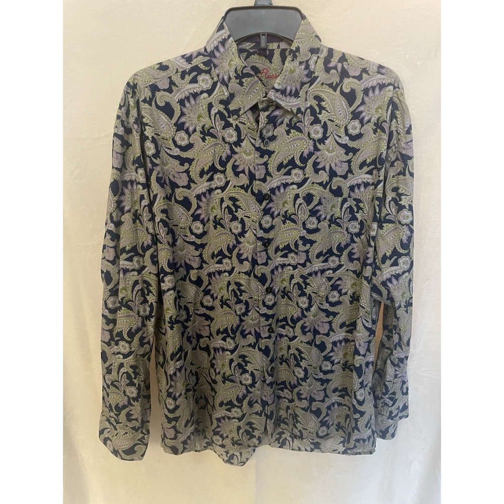Alan Flusser Shirt Mens L Blue Linen Blend Button Up‎ Long Sleeve Paisley